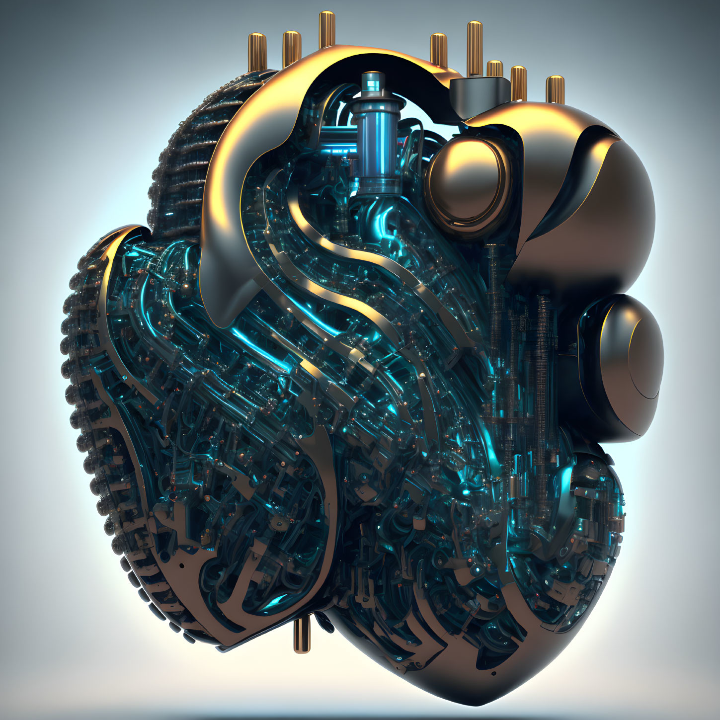 Detailed Mechanical Heart with Gears and Circuitry in Blue and Gold