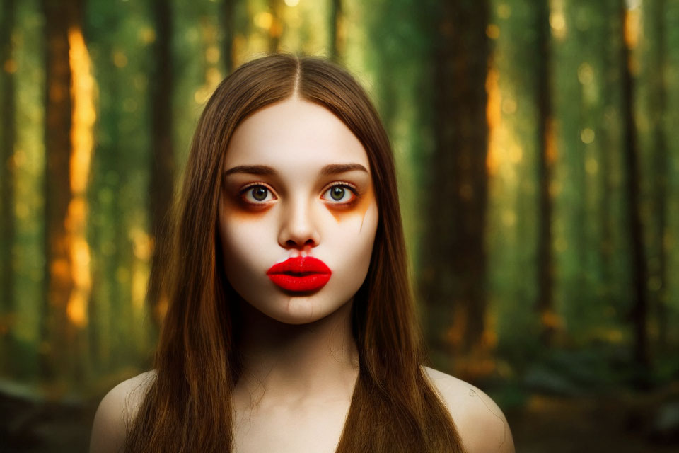 Young woman with oversized eyes and lips against forest backdrop