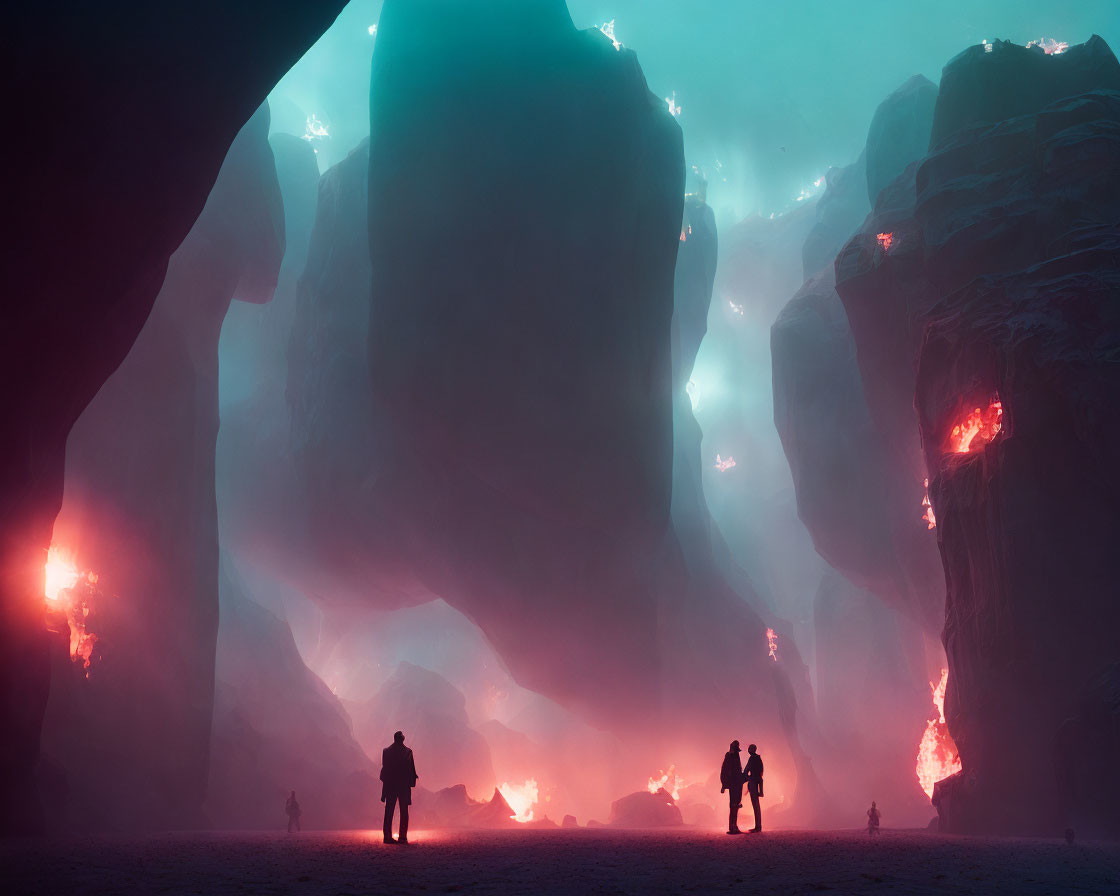 Silhouetted figures in fantastical cave with red flora and mystical foggy atmosphere