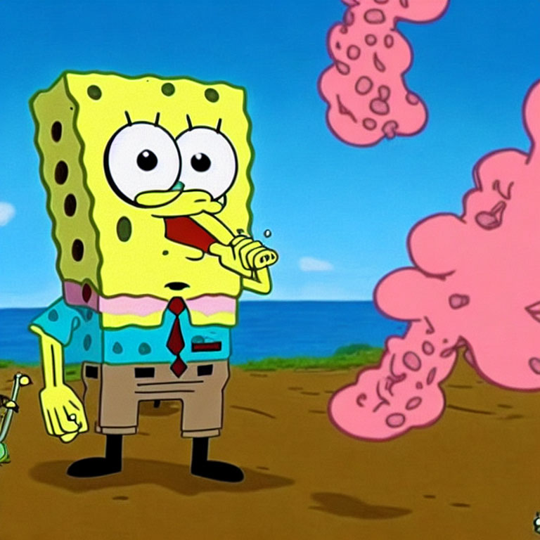 Cartoon character on beach blowing pink bubbles with butterfly shape.