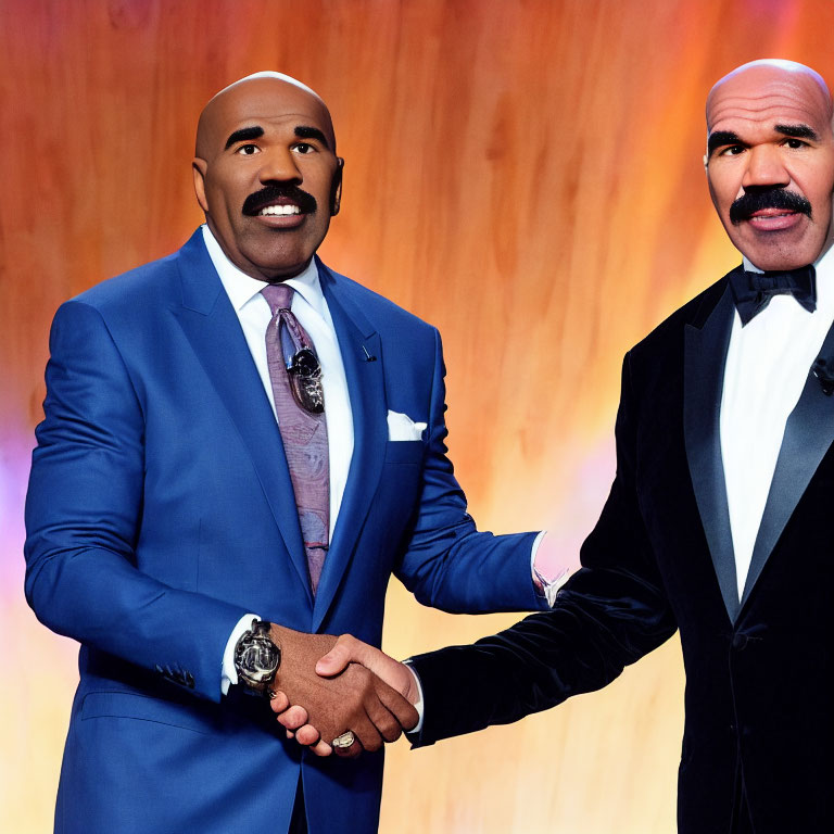 Men in blue and black suits with mustaches shaking hands on warm-toned background