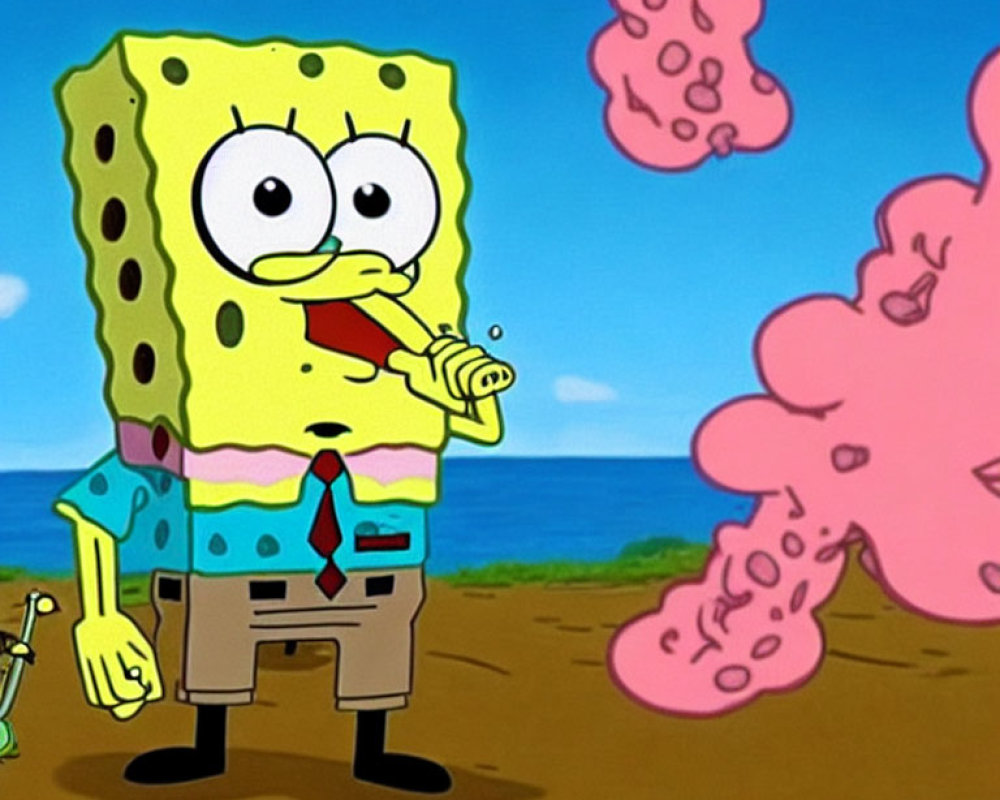 Cartoon character on beach blowing pink bubbles with butterfly shape.