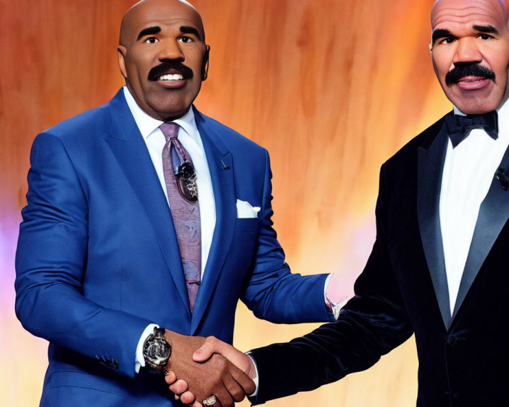 Men in blue and black suits with mustaches shaking hands on warm-toned background