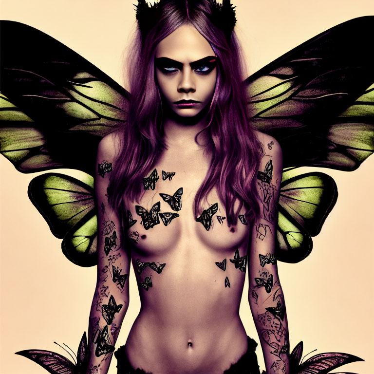 Purple-haired person with butterfly wings in surreal portrait surrounded by butterflies on pink background