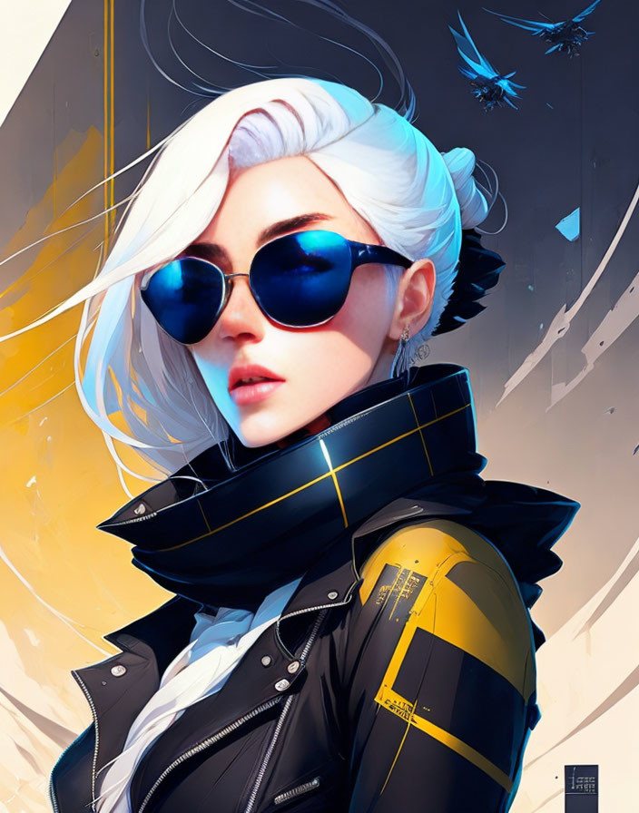 Person with white hair and blue sunglasses in black jacket against abstract background