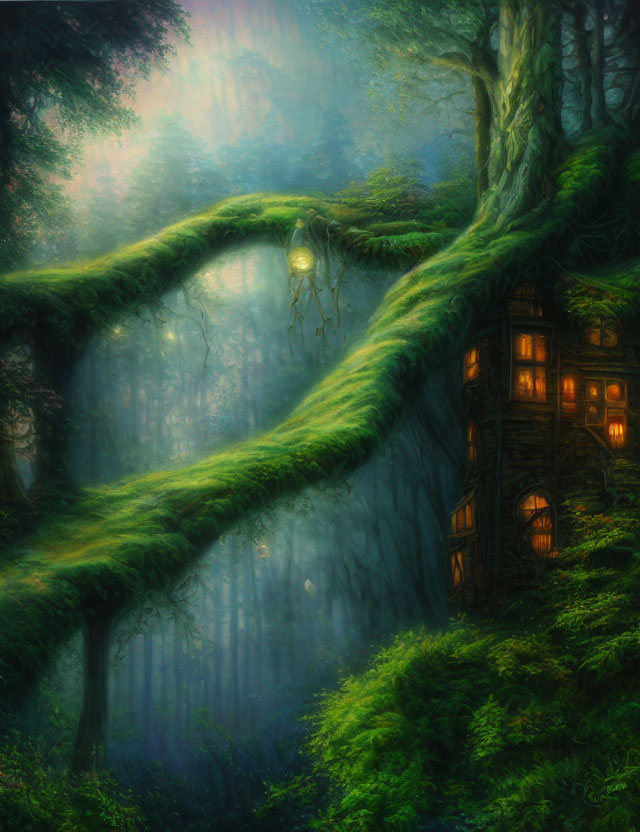 Enchanting forest scene with cozy treehouse and glowing lanterns