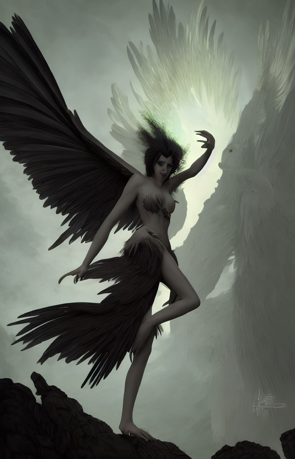 Mystical winged figure and ethereal creature in cloudy ambiance