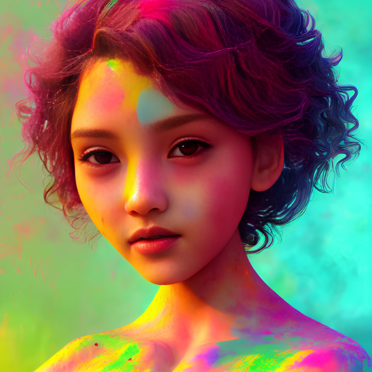 Colorful Powder Portrait Featuring Green, Pink, and Yellow Hues