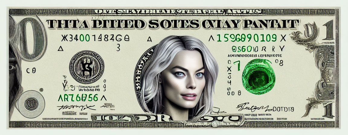 Digitally Altered U.S. Dollar Bill Featuring Female Android Face and Fictional Elements