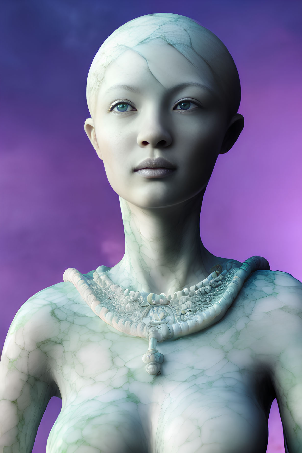 Otherworldly Being with Pale Skin and Bone Structure Necklace in 3D Render