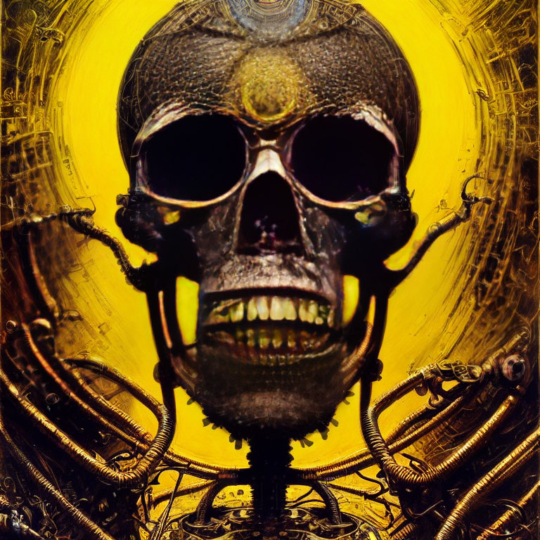 Abstract skull art with mechanical elements on yellow background