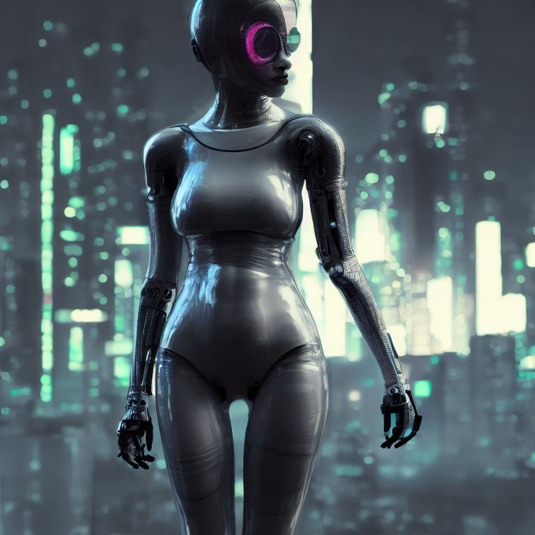 Futuristic female android with metallic body and glowing earpiece in neon cityscape