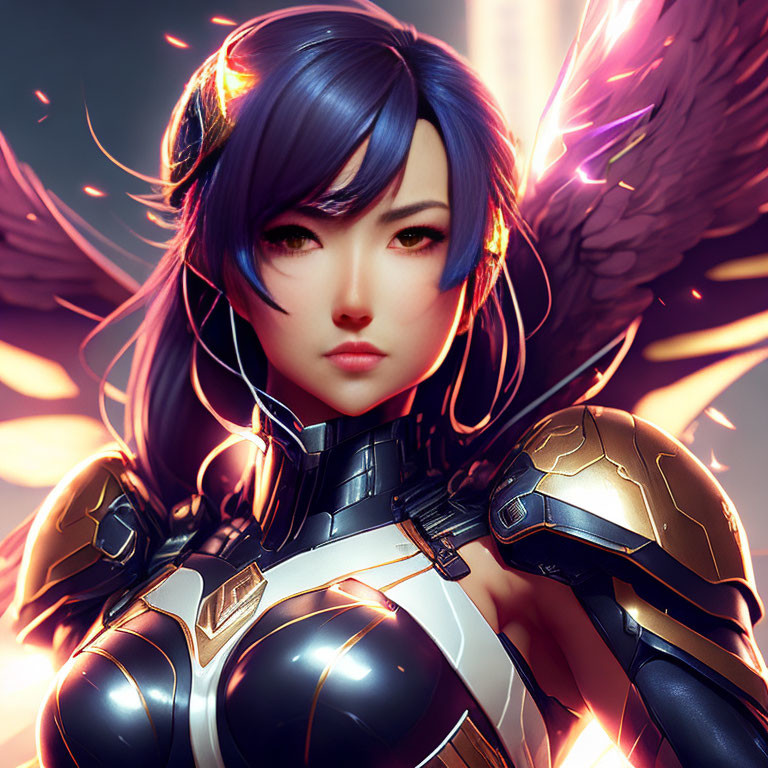 Female warrior with blue hair in futuristic armor and glowing wings.