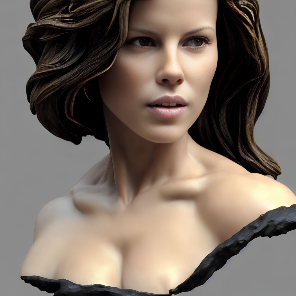 Voluminous brown hair woman in 3D against gray backdrop