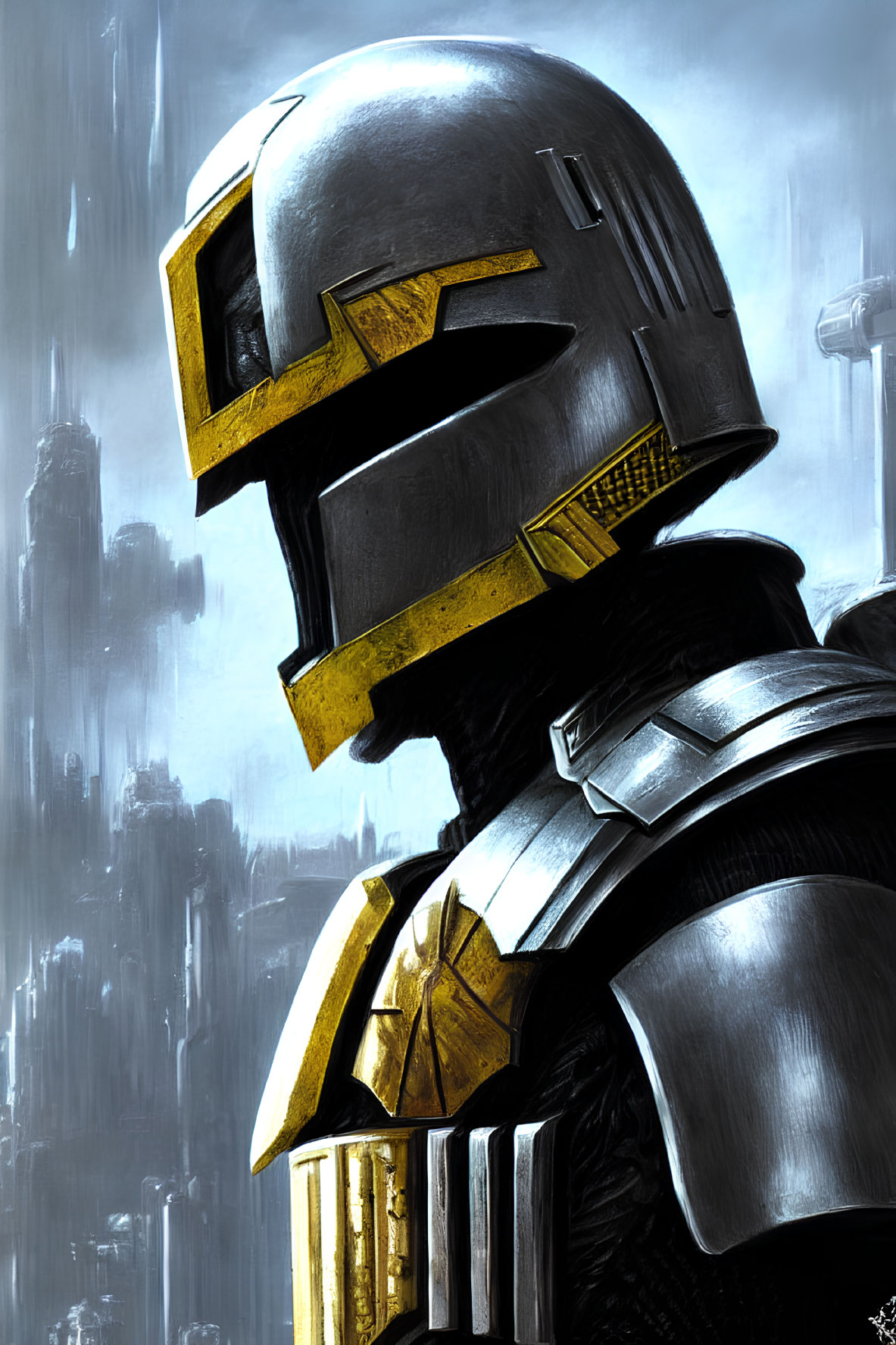 Profile view of person in futuristic helmet and armored suit against city backdrop