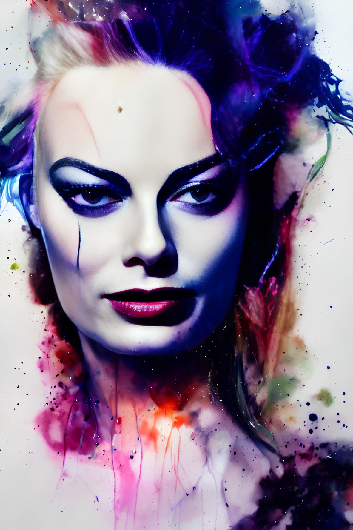 Colorful Ink Splashes Blend with Woman's Dramatic Makeup