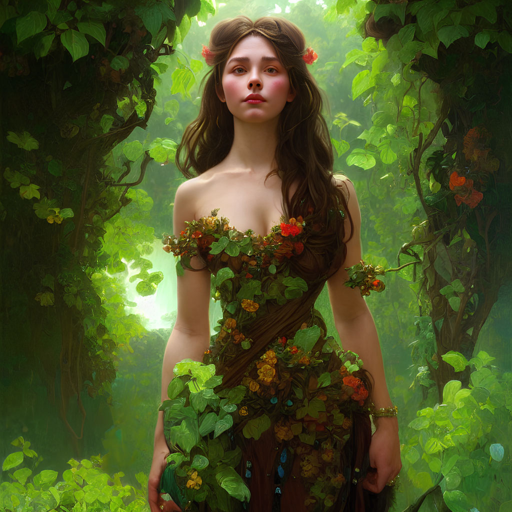 Woman adorned with foliage in mystical forest scene