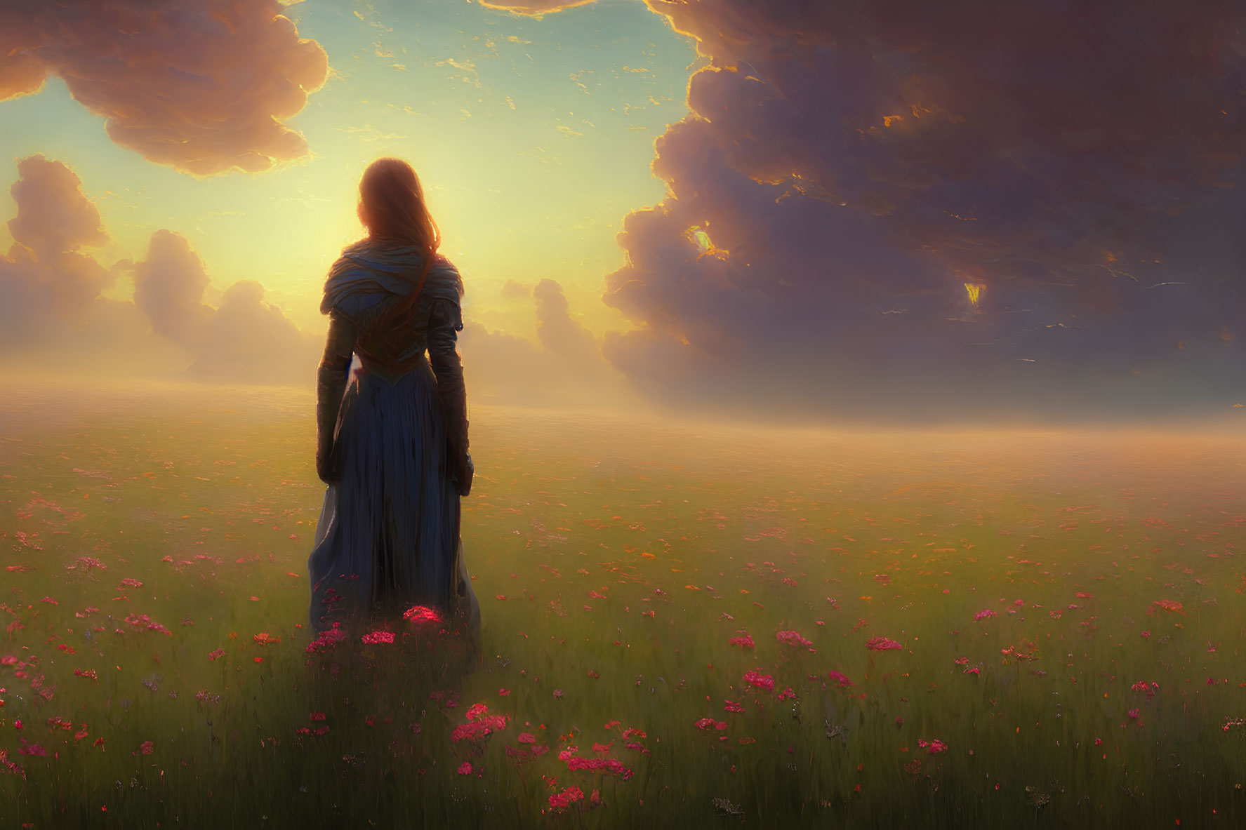 Person in blooming field at sunset with warm sunlight.