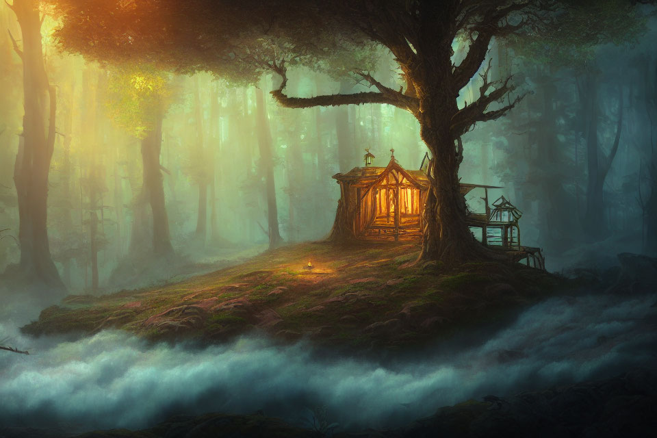 Enchanted misty woodland with illuminated gazebo under grand tree