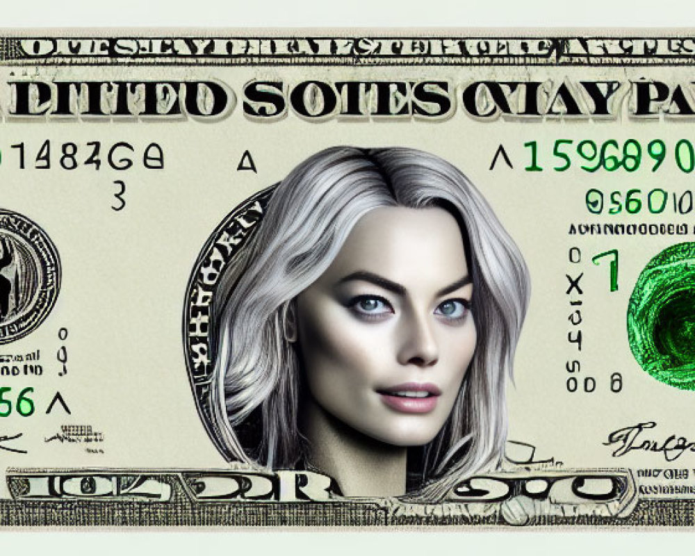 Digitally Altered U.S. Dollar Bill Featuring Female Android Face and Fictional Elements