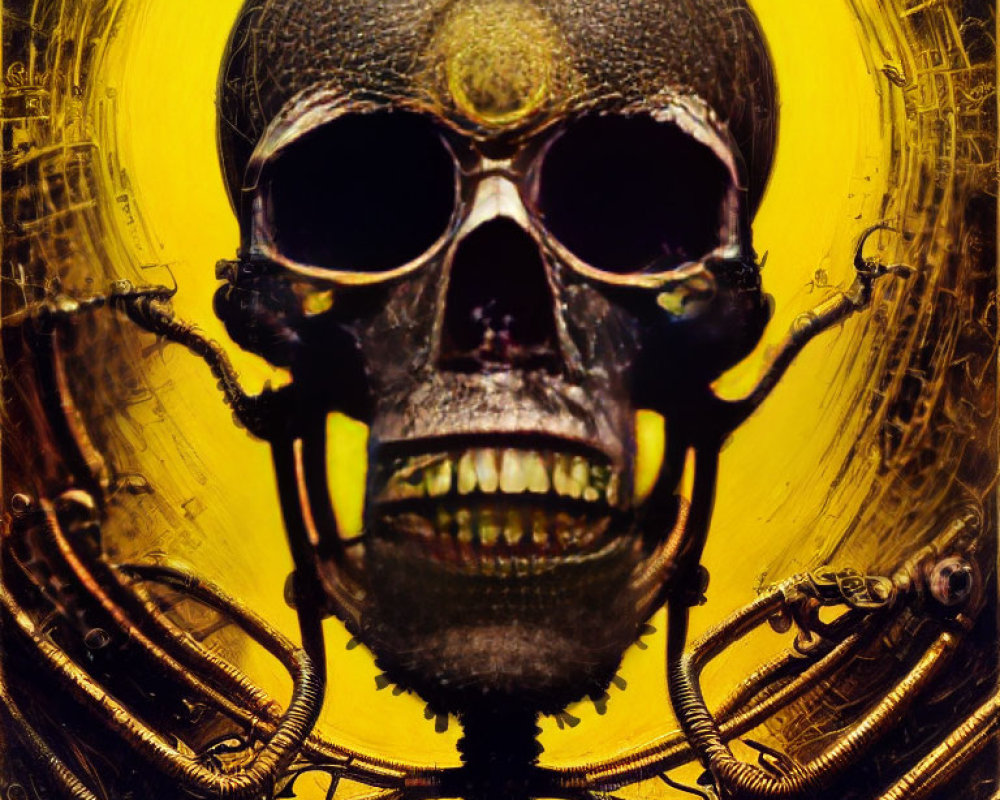 Abstract skull art with mechanical elements on yellow background