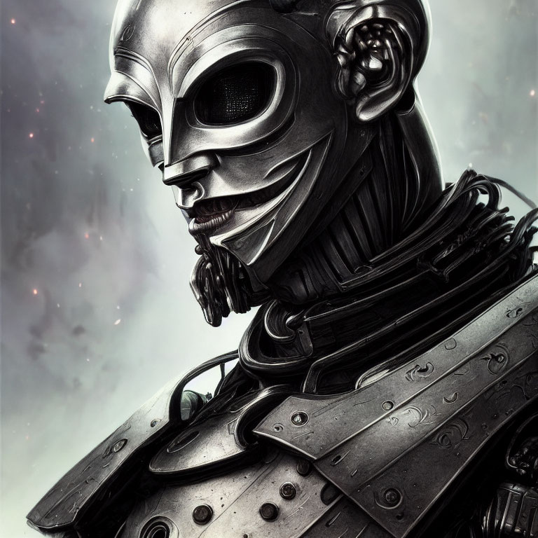 Detailed metallic robot head with humanoid features and armor plating on muted backdrop.