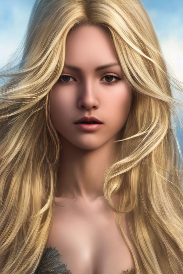 Blonde woman with serene gaze in digital portrait