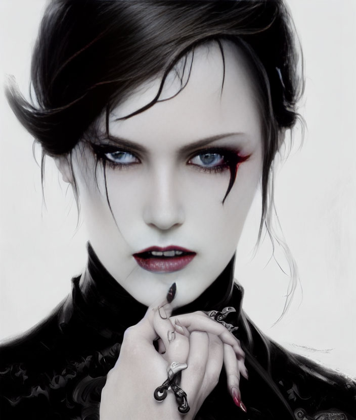 Portrait of person with pale skin, dark eyeliner, red eyeshadow, black lipstick, black