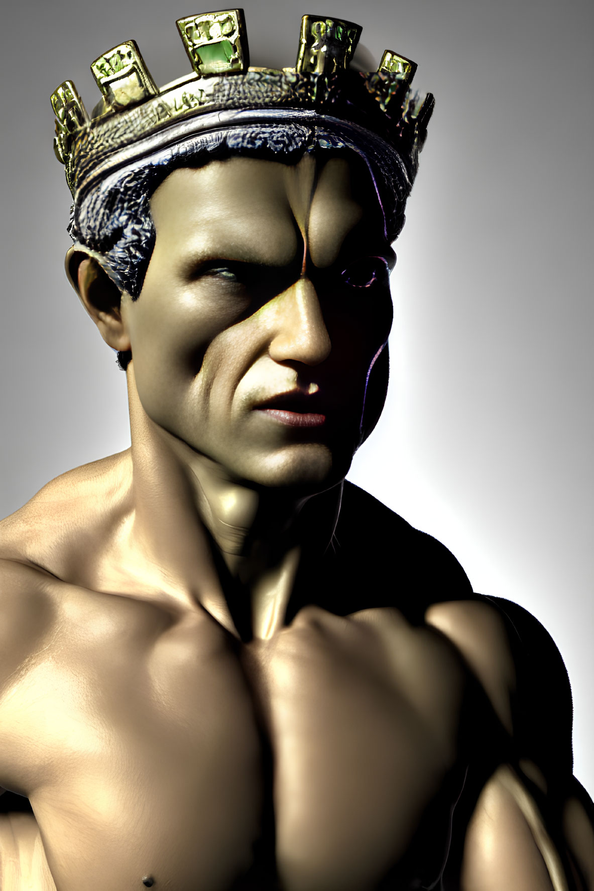 Muscular Figure with Crown: 3D Rendering of Stern Expression & Strong Jawline