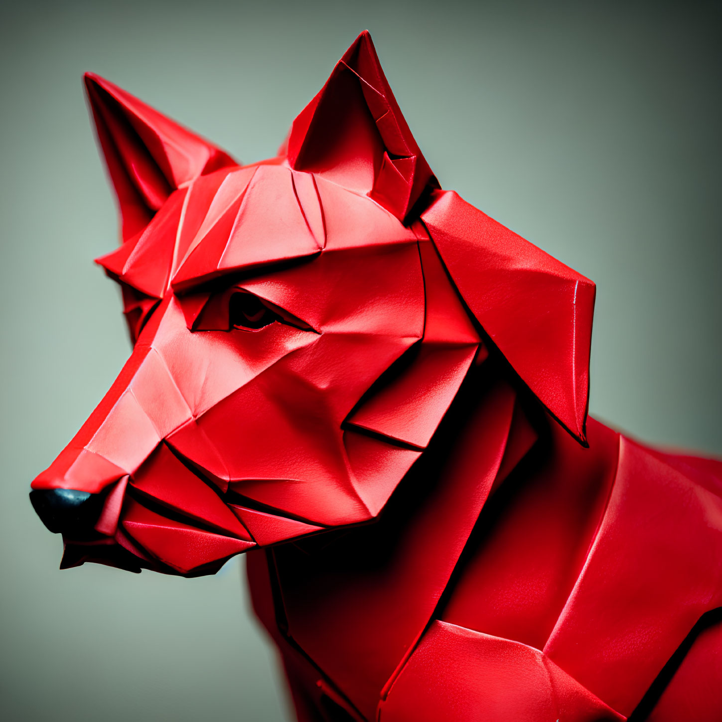 Geometric Red Origami Dog Head Sculpture on Muted Background