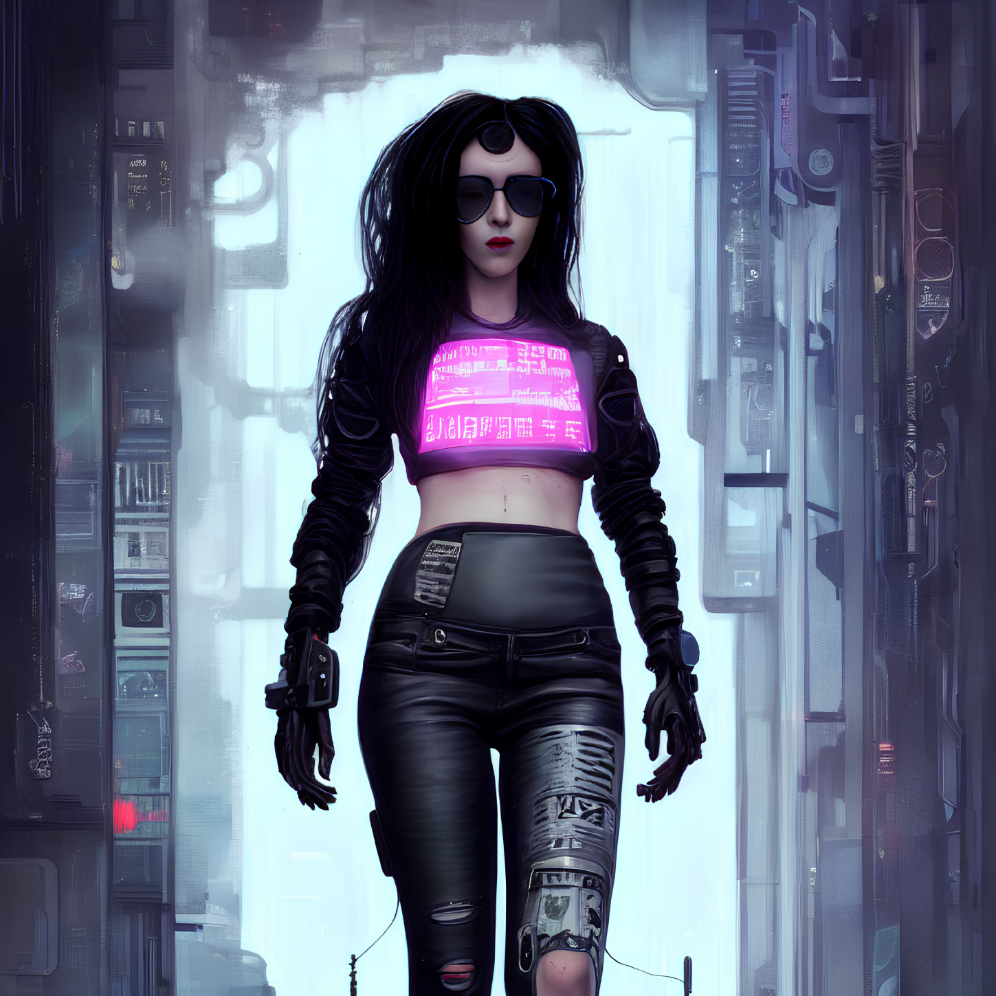 Black-haired woman in sunglasses against cyberpunk backdrop with neon-lit top and cybernetic leg enhancement