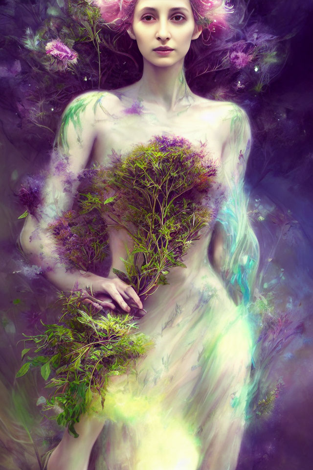 Surreal portrait of woman with integrated plants and flowers on purple background