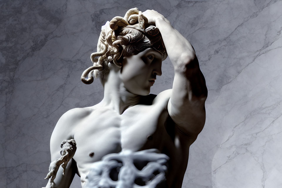 Muscular male statue with intricate hair and thoughtful expression against marbled background