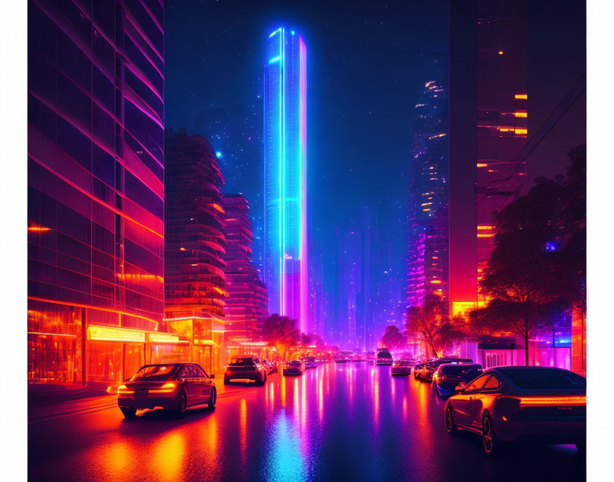 Futuristic Neon-lit Cityscape with Skyscrapers and Glowing Streets