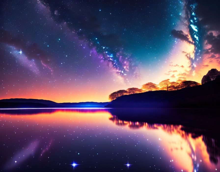 Twilight sky with stars and Milky Way reflected in serene lake