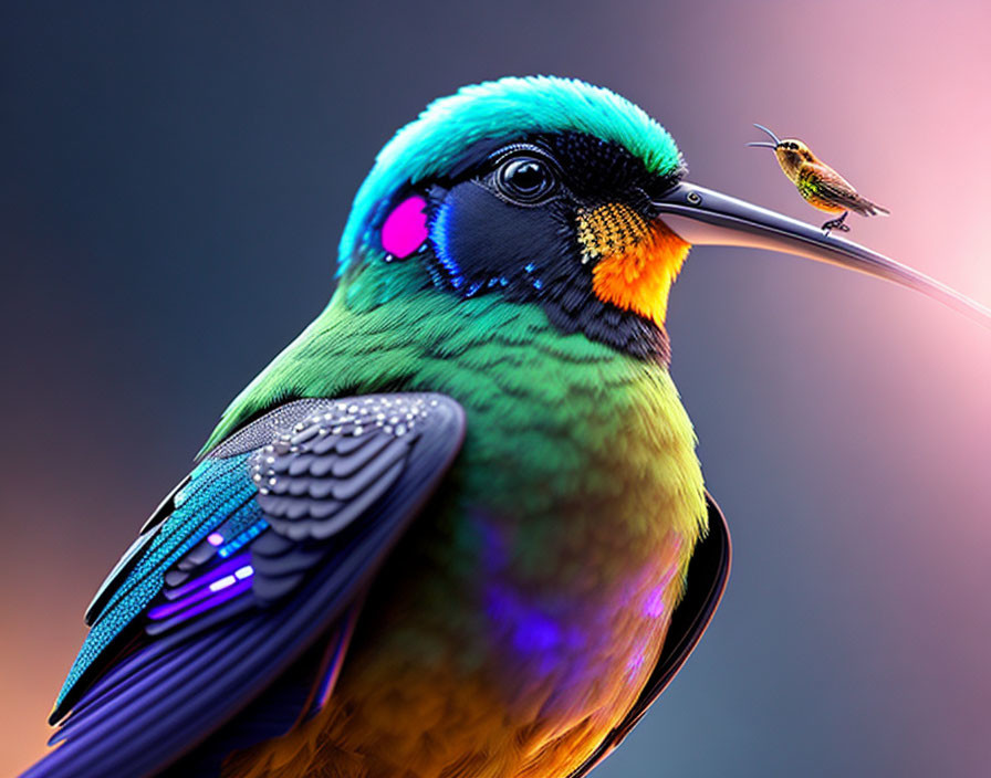 Colorful bird with iridescent feathers and small bird on its beak against soft background.