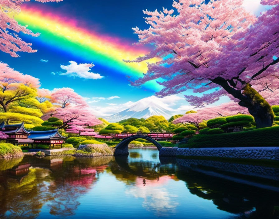 Scenic landscape with rainbow, Mount Fuji, cherry blossoms, bridge, and pond