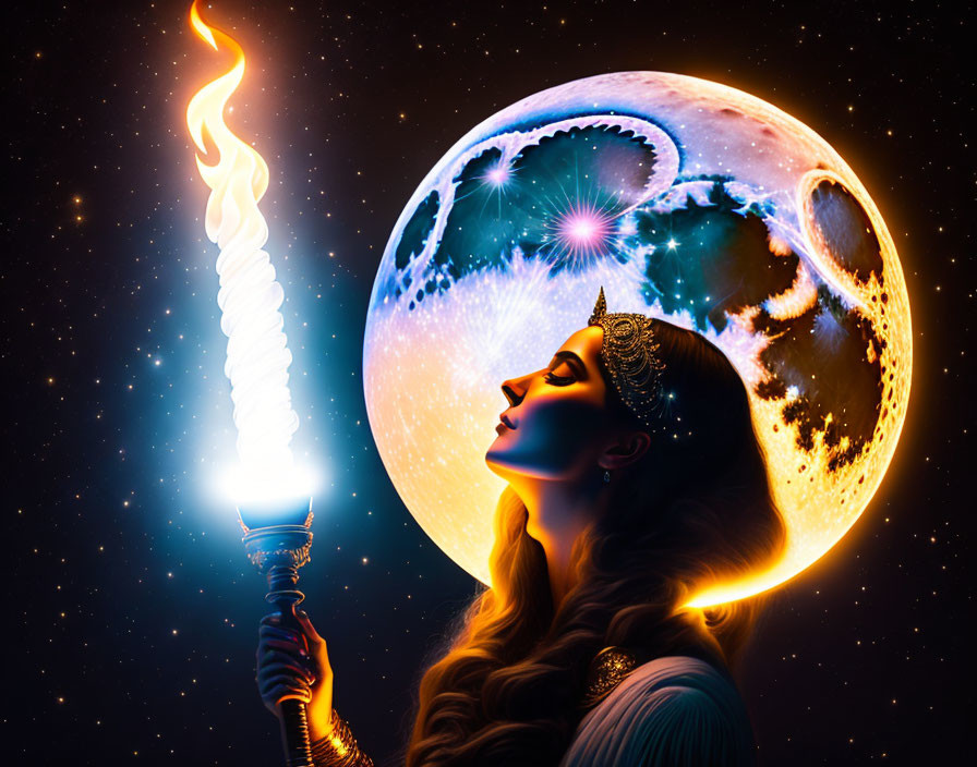 Profile of woman holding flaming torch against cosmic backdrop