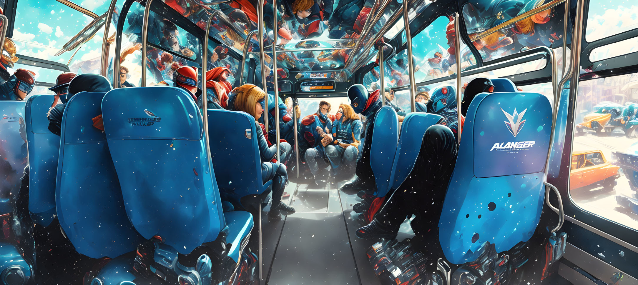 Futuristic bus interior with vibrant passengers and high-tech screens.