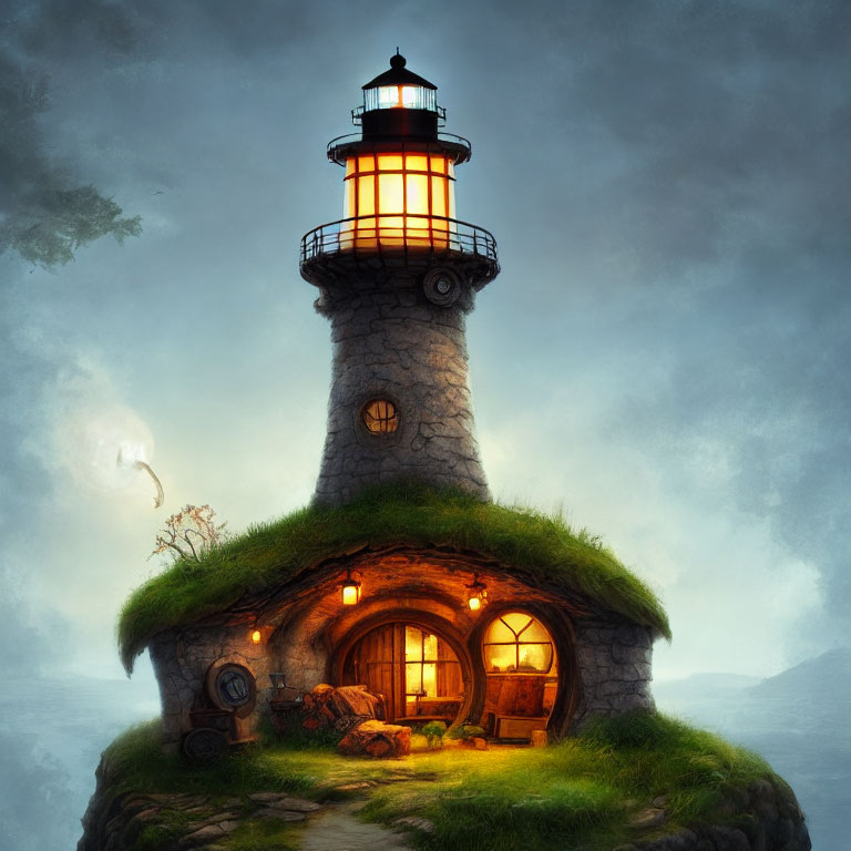 Stone lighthouse with glowing windows on grassy cliff at twilight