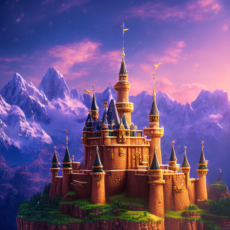 Majestic fairytale castle on floating island with purple mountains and sunset sky