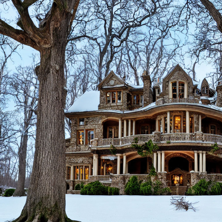 Stone mansion with balconies in snow-covered twilight