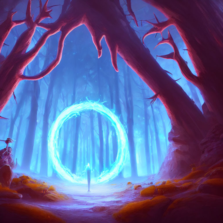 Mystical forest scene with lone figure and glowing blue portal