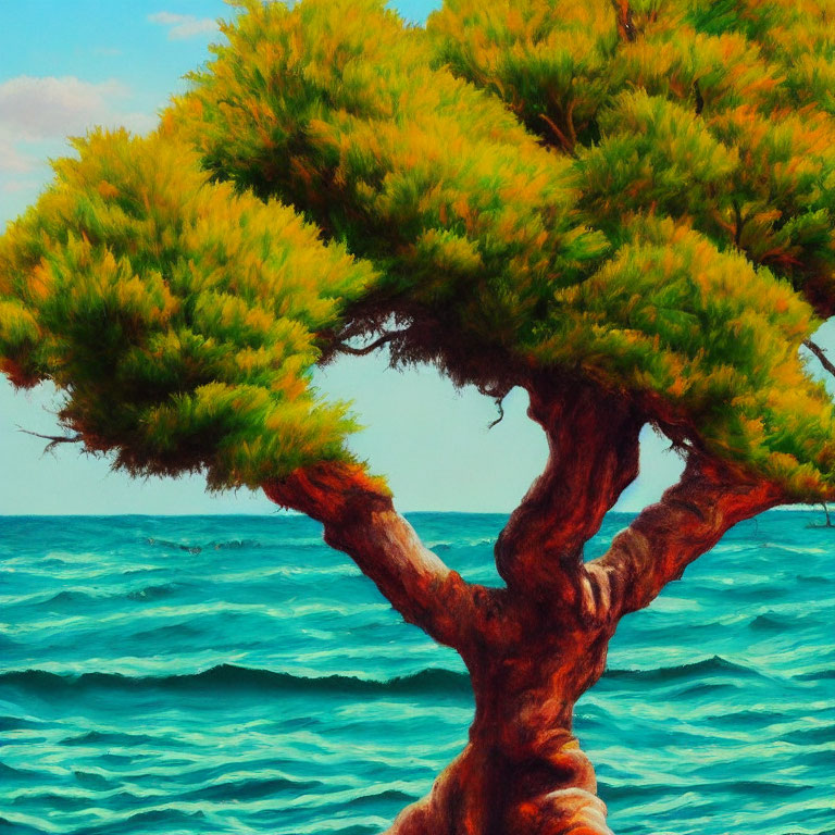 Colorful painting: Twisted tree against serene sea and sky