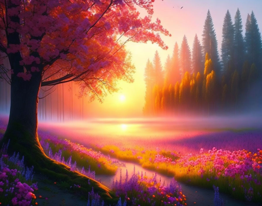 Scenic landscape with cherry tree, floral field, mist, and sunrise.