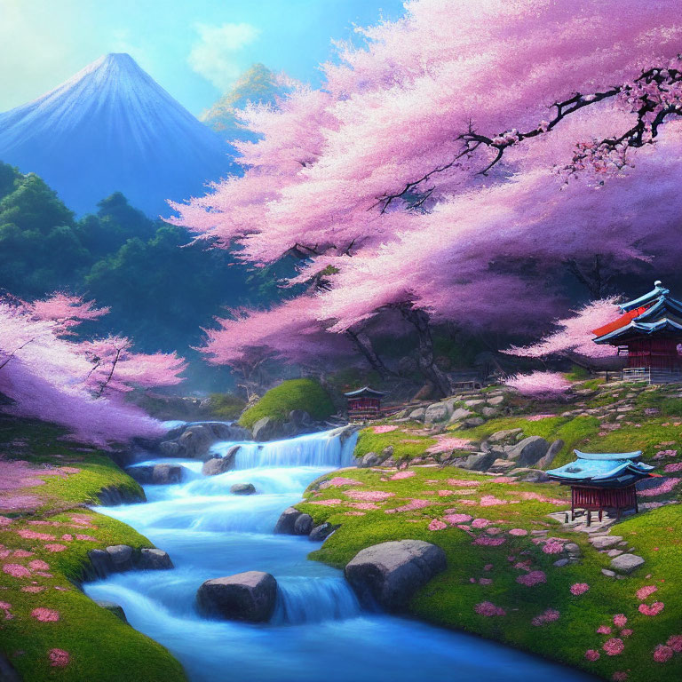 Japanese landscape with cherry blossoms, stream, traditional buildings, and Mount Fuji