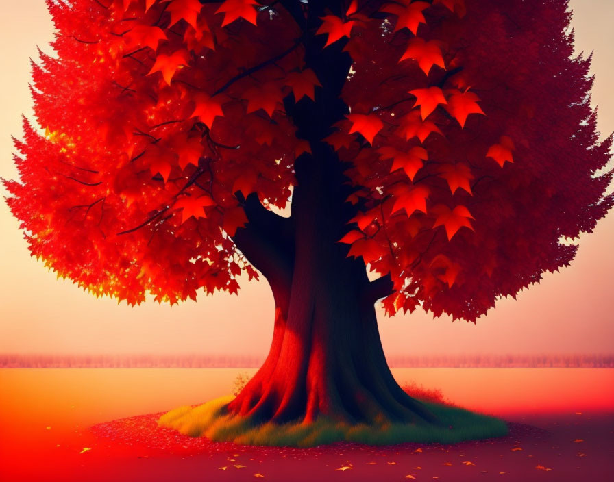 Red-leaved tree against gradient sky in red to purple with soft shadow