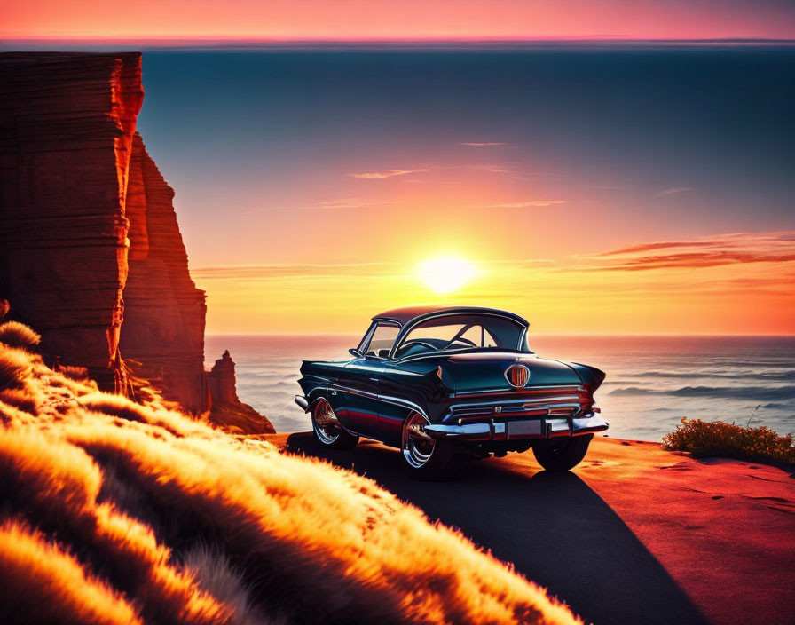 Classic car on coastal road at sunset with vibrant skies & ocean view