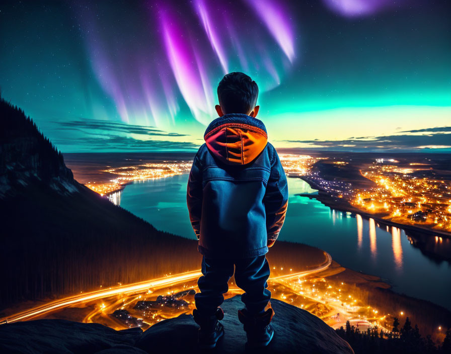 Child overlooking city at night with aurora borealis