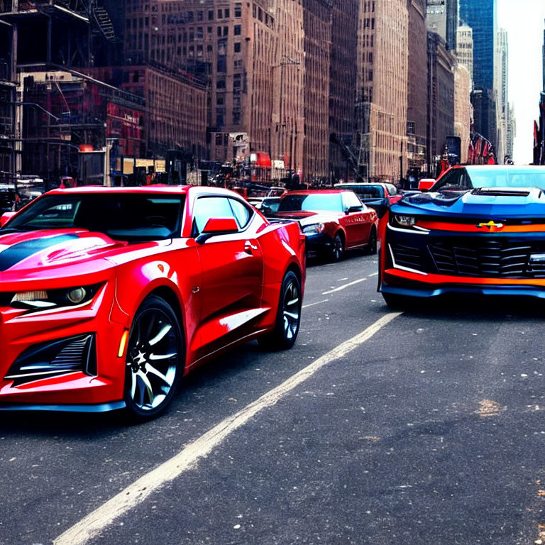 Red sports car leads line of vehicles in city street with skyscrapers backdrop